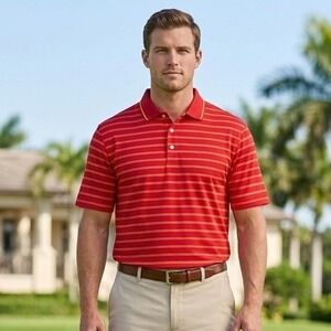 Nike Dri Fit Polo Shirt Men's L Golf Performance Red Striped Casual Rugby Swoosh